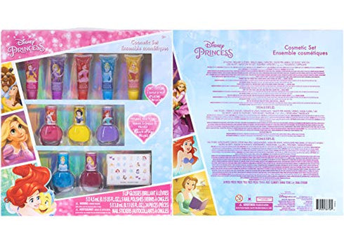 Townley Girl Disney Princess Sparkly Cosmetic Makeup Set for Girls with Lip Gloss Nail Polish Nail Stickers - 11 Pcs|Perfect for Parties Sleepovers Makeovers| Birthday Gift for Girls above 3 Yrs