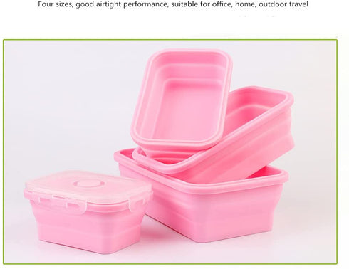 4-piece Collapsible Silicone Lunch Box, Portable Food Storage Container Outdoor Picnic Box Space Saving, Microwave, Dishwasher and Freezer Safe 350/500/800/1200mL350/500/800/1200mL(Pink)