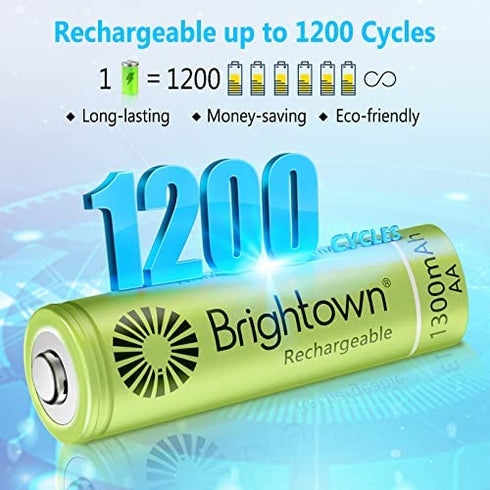 Brightown 12-Pack Rechargeable AA Batteries Pre-Charged, NiMH 1.2V 1300mAh High Capacity Double A Rechargeable Batteries for Solar Lights and Household Devices, Recharge up to 1200 Cycles
