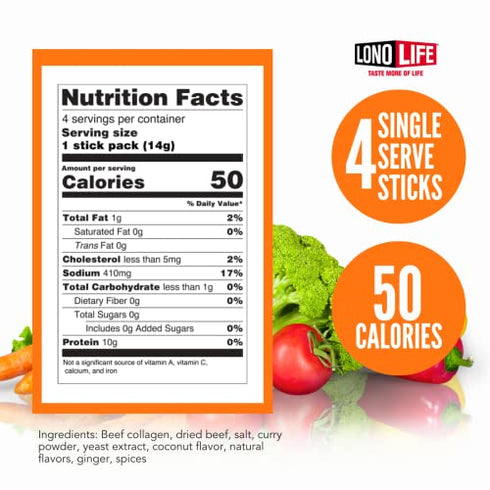 LonoLife - Thai Curry Beef Bone Broth Sticks - 10g Collagen Protein - Grass-Fed, Gluten-Free - Keto & Paleo Friendly - Portable Individual Packets - 4 count