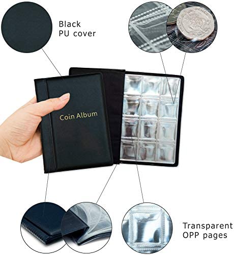 Coin Storage Album - Rare Coin Holders Book - Coins Collection for Collectors (Black, 120 Coin Holders, 1.18”x1.26” Pocket Size)