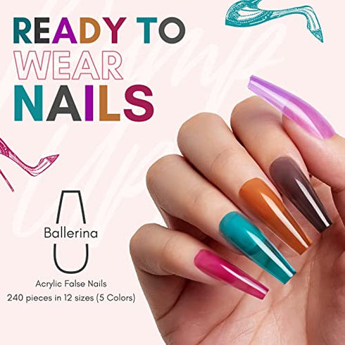 Makartt Acrylic Nail Kit, Long Ballerina Press On Nails Set Nail Tips Soft Gel Nail Tips Soak Off Nail Tips Full Cover Vivid Color with 4pcs Nail Glues 1pcs Nail File 240pcs Pump Ups Press on Nails