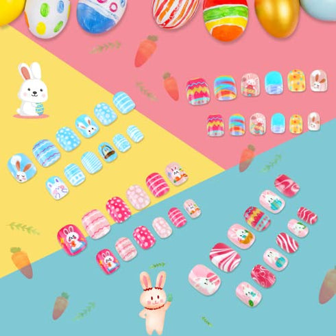 96Pcs Easter Fake Press on Nails for Kids Pre-glue Short Full Cover False Nail Tips Stick on Nails for Children Lovely Gift Girls Nail Art Decoration (Easter Theme)