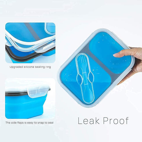MAXCOOK Collapsible Lunch Container Stacking Silicone Lunch Box with Spoon & Fork, 1500ml/3-Compartment Portable Bento Storage Containers for Food, Microwave, Freezer, Dishwasher Safe, BPA Free Blue