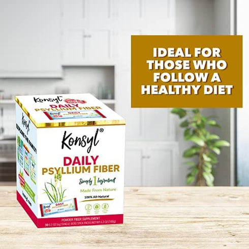 Konsyl Daily Psyllium Fiber Stick Packs - On-The-Go Psyllium Husk Daily Fiber Supplement Powder - Convenient, All-Natural Soluble Fiber, Gluten-Free & Sugar-Free, Vegan & Keto Friendly - 30 Packets