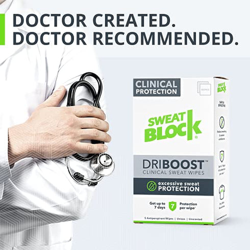 SweatBlock DRIBOOST Clinical Strength Antiperspirant Wipes - Treat Hyperhidrosis, Excessive Sweating, & Stop Pit Stains - Up to 7 days Protection Per Wipe - 5 ct - Unisex