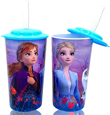 Disney Frozen 2 Elsa Anna Drink Tumblers with Lid, Reusable Straw Set for Kids Girls Toddlers, Pack of 2 - Safe BPA free by Zak design