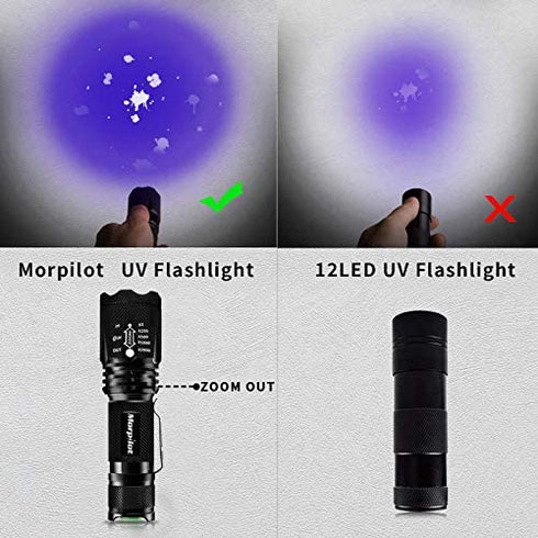 Blacklight Flashlight, Morpilot 2 in 1 UV Flashligh , 395 nm Black Light Flashlite for Pet Urine and House Stains Detecting, IP4 Waterproof, 4 Modes, 3 AAA Batteries Included