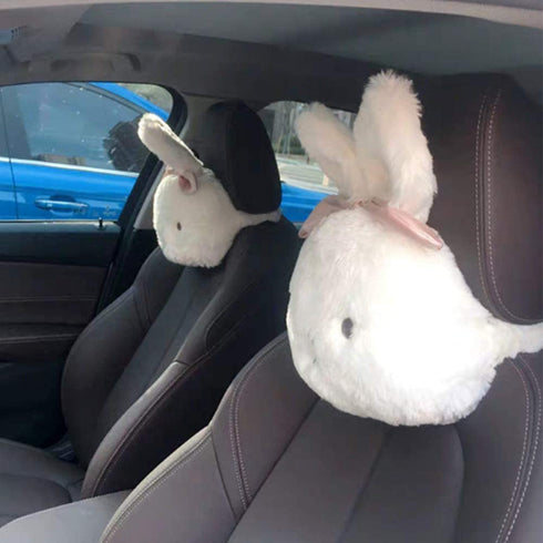 MeiBoAll Car Headrest Pillow, 2pcs Cute Cartoon Car Headrest Neck Support Cushion Plush Rabbit Automotive Interiors Trim Decoration Mounted Headrest Pillows for Car Front Seats, White