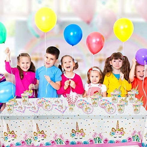 Unicorn Themed Party Supplies Set,Unicorn Cake Plates,Cups,Napkins,Tablecloth,Straws&Decoration,Paper Disposable Tableware Set for Girls Children Birthday Party or First,Baby Shower, Serves 16 Guests