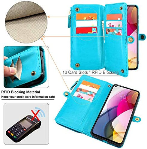 Lacass [Cards Theft Scan Protection 10 Card Slots Holder Zipper Pocket Wallet Case Flip Leather Cover with Wrist Strap Magnetic Closure Stand Carrying Pouch for Moto G Stylus 2021 4G Floral Blue