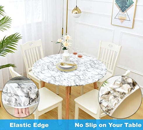 Rally Home Goods Indoor Outdoor Patio Round Fitted Vinyl Tablecloth, Flannel Backing, Elastic Edge, Waterproof Wipeable Plastic Cover, White Marble Pattern for 5-Seat Table of 36-42’’ Diameter