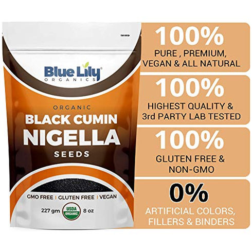 Blue Lily Organics | Raw Nigella Black Cumin Seeds (Nigella Sativa) | Certified Organic Ingredients | Non-GMO & Gluten Free | Healthy Spice w/ Antioxidant & Anti Inflammatory Qualities | 8oz Bag