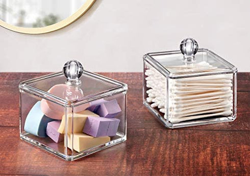 Modern Square Qtip Holder Acrylic Bathroom Vanity Countertop Storage Organizer Canister Jar for Cotton Swabs, Rounds, Balls, Makeup Sponges, Bath Salts - 2 Pack - Clear