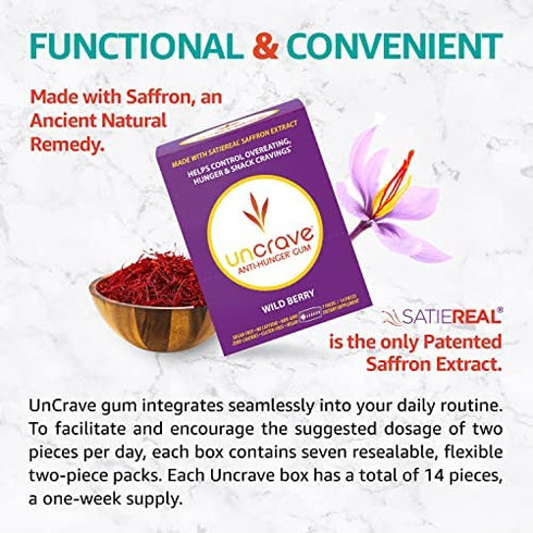 UnCrave Anti-Hunger Gum with Satiereal Saffron Extract - Control Compulsive Snacking, Overeating and Cravings for Healthy Weight Management - Improve Mood - Wild Berry, Box of 7 Packs