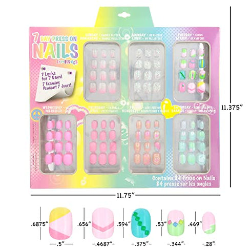 Expressions Girl 7 Day Manicure Collection - 84PC Press On Nail Set, Day-of-The-Week Adhesive False Nails for Girls (Set of Brights or Pastels) – Colorful Novelty Designs Stick On Nails for Kids