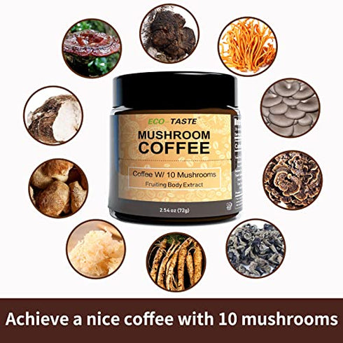 Mushroom Coffee - 36 Servings, Instant Coffee Mix Includes 10 Mushrooms Extract Powder (30% Beta-glucan)