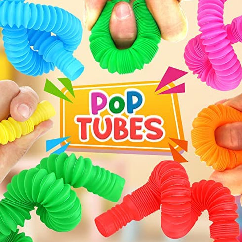 Pop Tubes Mini 24 Packs, Sensory Fidget Stretch Tubes Bulk for Kindergarten, Stress Relief for AHD, ADD Toddlers, DIY Learning Skills for Preschool, Valentine's Day Classroom Gifts Party Favors Prize
