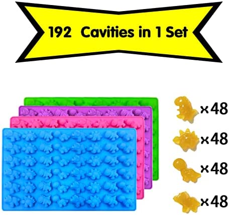 Palksky Mini Dinosaur Silicone Candy molds/Dragon Gummy Bear Mold, Non-Stick Gummie Chocolate Gelatin Tray (4-Pack+4 Droppers) Creates 192 Sweet Snacks Triceratops T-Rex Stegosaurus Brontosaurus