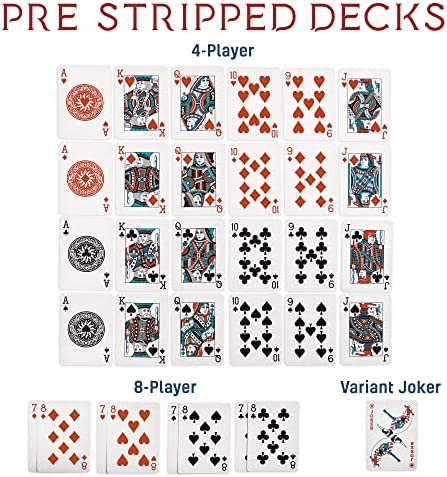 Euchre Card Game - 2 Specialty Decks Pre-Stripped to 33 Cards for Classic American Euchre or 32 Card 6-Player Variant - Custom Bower Jacks Card Art and Blank Counter Cards Included