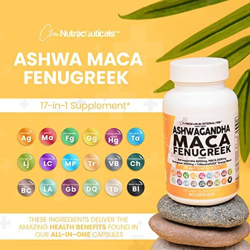 Ashwagandha 5000mg Maca Root 2000mg Fenugreek 3000mg Supplement with Tongkat Ali Ginseng - Assists with Stress, Mood & Thyroid Health - Ashwagandha Capsules Maca Pills Fenugreek Caps USA - 60 Count