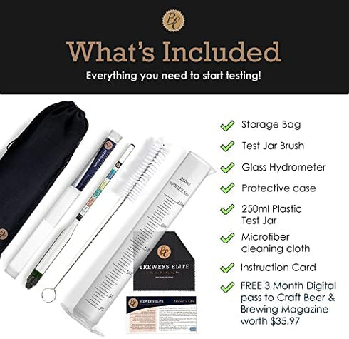 Brewer's Elite Hydrometer & Plastic Test Jar - for Home Brew Beer, Wine, Mead and Kombucha - Deluxe Triple Scale Set, Hardcase and Cloth - Specific Gravity ABV Tester