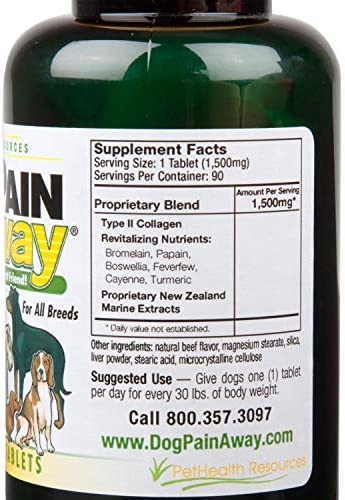 Dog Pain Away - Vet Approved Dog Pain Reliever (90 Count) - Fast Acting Pain Relief Supplement To Repair Connective Tissue and Help Alleviate Hip and Joint Pain - All Natural Chewable Tablets To Renew Your Dogs Vitality