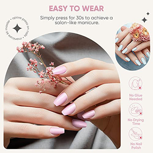 240PCS Press on Nails, OPOVE Short Acrylic glossy Nails Coffin Medium Length, Professional Nail Art Tips Set, Fake Nails with Nail File, Cuticle Stick, Stick on False Artificial Nails with Solid Color