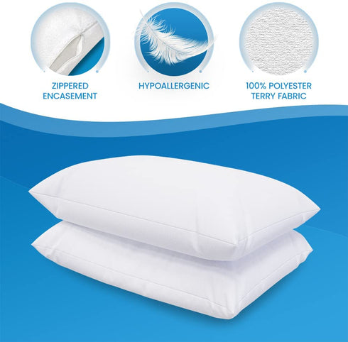 Everlasting Comfort Waterproof Pillow Protectors Standard Size, 2-Pack - Zippered Design to Prevent Bedbugs, Dust Mites and Allergens - Hypoallergenic Pillow Case Cover - Set of 2, White