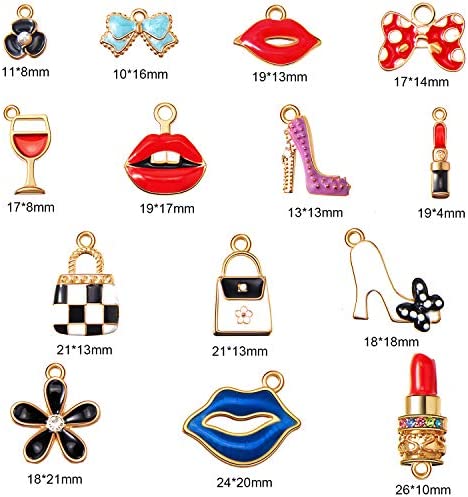 50 Pieces Women's Makeup Lip Lipstick Charms Gold Plated Enamel High Heels Wallet Flower Bow Charm Pendant for DIY Jewelry Necklace Bracelet Earrings Making