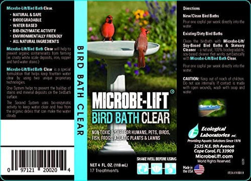 MICROBE-LIFT 10BBC4 Bird Bath Clear Two-In-One Water Cleaner and Surface Treatment for Outdoor Birdbaths and Fountains, Safe for Birds, Fish, and Frogs, 4 Ounces