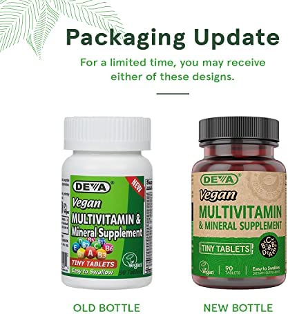 DEVA Tiny Tablets Vegan Multivitamins for Women & Men, Multivitamin with Iron, Mineral Supplement, Vitamin C, Vitamin B Complex, Vitamin B12, Vitamin E, Zinc, Gluten Free, 90 Tablets (Pack of 2)