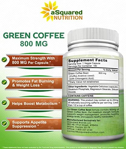 Natural Green Coffee Bean Formula - 180 Capsules - Max Strength GCA Antioxidant Cleanse for Pure Weight Loss, 800mg per Pill - with Chlorogenic Acid - 1600mg Daily Supplement, Healthy Fat Burner