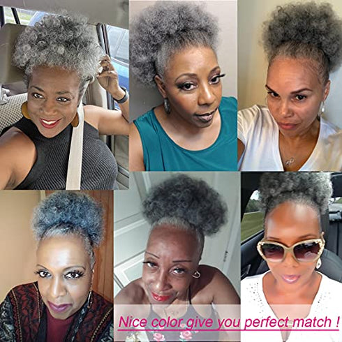 THEMIS HAIR Afro Puff Drawstring Ponytail For Black Women , High Puff Drawstring Short Ponytail Bun For Natural Hair , Afro Kinky Curly Ponytail Hairpieces With Clip In Color Smoky Gray
