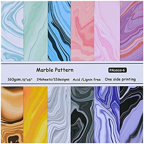 YARUMI Marble Pattern Scrapbook Paper, Single-Sided 6"×6" Patterned Paper Collection, Colorful Scrapbooking Paper Pad 160Gsm Cardstock Die-Cut Backgrounds Arts Crafts DIY Origami Decoupage - 24 Pages