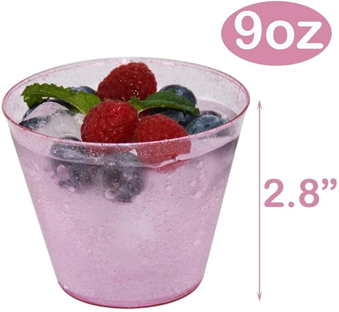 Homy Feel 9 Oz Pink Glitter Plastic Cups 100PCS,Disposable Cocktail Cups,Plastic Wine ,Plastic Cups,Drink Cups for Wedding Party, Valentine's Day