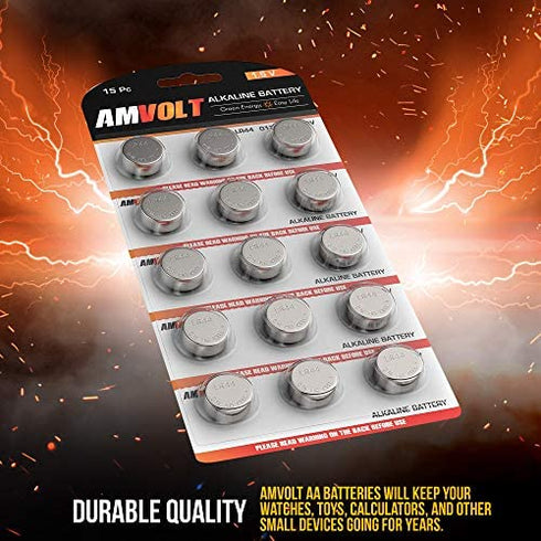 AmVolt- Pack of 15 LR44 Batteries AG13A76 Battery, Premium Alkaline Ultra Power Non Rechargeable Button Battery, 1.5 Volt Small Batteries for Remotes Games Controllers Toys & Electronic Devices