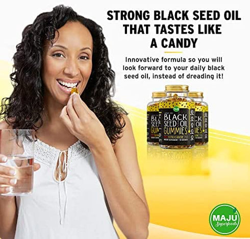 MAJU's Black Seed Oil Gummies 90ct, World's 1st, 2.5X Oil Per BSO Gummy, Black Cumin Seed Nigella Sativa Oil, Cold-Pressed, Potent Formula with Cinnamon Extract, Tasty, 500mg Gummies 90ct