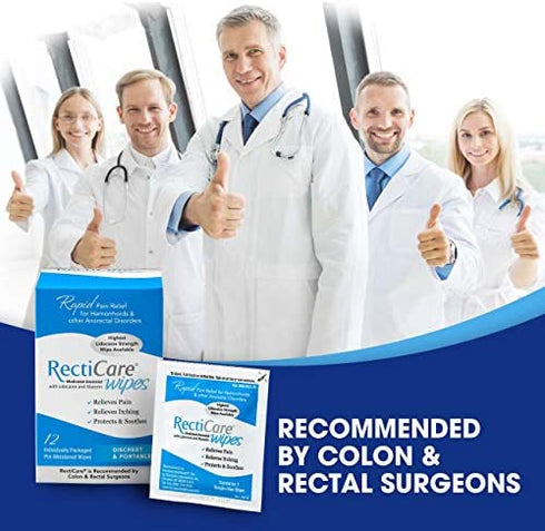 RectiCare Medicated Anorectal Wipes – 5% Lidocaine & Glycerin – 12 Pack