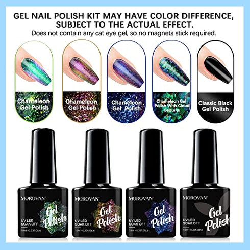 Morovan Chameleon Gel Nail Polish Kit with Base Coat & Top Coat - 4 Colors Chameleon Blue Green Orange Classic Black Polish Soak Off Rainbow Mood Phantom Chameleon Gel Nail Polish Kit Gift Box 10ml Each Bottle