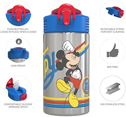 Zak Designs Disney 18/8 Single Wall Stainless Steel Kids Water Bottle with Flip-up Straw Spout and Locking Spout Cover, Durable Cup Stays Clean for Sports or Travel (15.5oz, Non-BPA, Mickey Mouse)