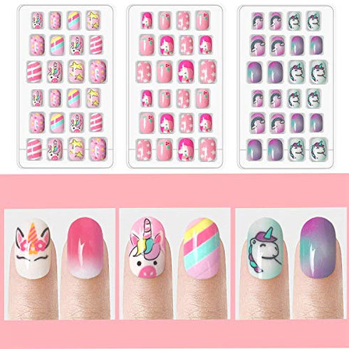 144pcs False Nails Press on Nails for Kids - Self-Adhesive Unicorn Short Fake Artificial Full Cover Nail Art Kits Transation with Nail Glue Tabs for Girls Children