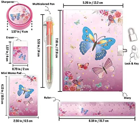 Girls Diary with Lock, Kids Journal Stationary Set for PreSchool Teen Learning Writing Drawing Age 6,8,10,12 Years Butterfly Gift with Notebook Memo NotePad Six Multicolored Pen Ruler Sharpener Eraser