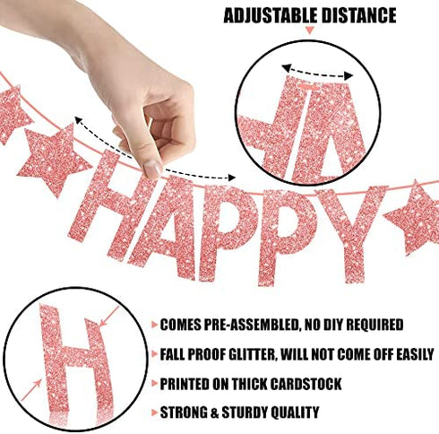 Rose Gold Glitter, Happy New Year Banner - No DIY, 2 Strings | Happy New Year Sign Happy New Year Decorations 2023 | New Years Eve Party Supplies 2023 | New Years Eve Banner, New Years Eve Decorations