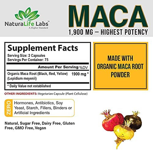 Organic Maca Root Black, Red, Yellow 1900 MG per Serving - 150 Vegan Capsules Peruvian Maca Root Gelatinized 100% Pure Non-GMO Supports Reproductive Health Natural Energizer