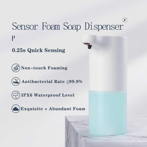 PROMUN Premium Touchless Electric Foam Soap Dispenser, Automatic Hand Sanitizer Dispenser with Infrared Motion Sensor Hands, Battery Operated Ideal for Kitchen or Bathroom Use (White)