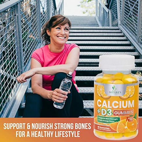 Sugar Free Chewable Calcium Gummies with Vitamin D3 - Premium Calcium & Vitamin D Gummy Chews for Bone & Teeth Health & Immue Support - Non-GMO, Orange Flavor, Nature's Supplement - 60 Gummies