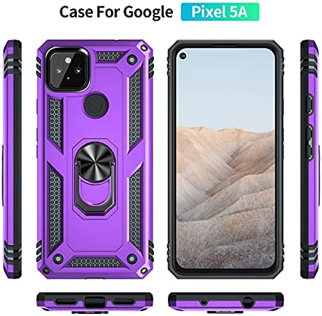 Androgate Designed for Google Pixel 5A Case with HD Screen Protectors, Military-Grade Metal Ring Holder Kickstand 15ft Drop Tested Shockproof Cover Case for Pixel 5A 5G Purple