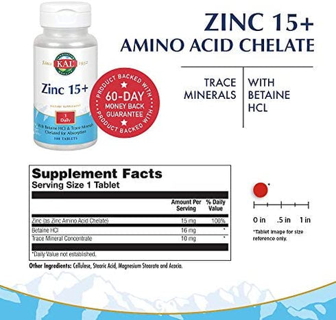 Kal 15 Mg Zinc Chelated Plus Tablets, 100 Count