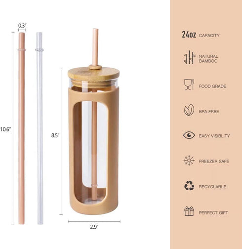 Kodrine 24 oz Glass Water Bottle with Bamboo Straw and Lid, Wide Mouth Water Tumbler,Straw Silicone Protective Sleeve BPA FREE-Amber